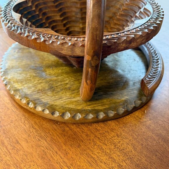 Vintage Hand Carved Rosewood Wooden Folding Basket Trivet with Handle - Picture 6 of 13
